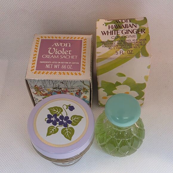 Avon Hawaiian White Ginger Cologne .5 Oz & Avon Violet Cream Sachet (Empty) - Picture 11 of 15